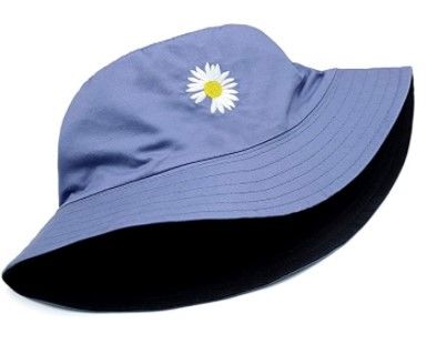 Photo 1 of Bucket Hat 100% Cotton Packable Summer Travel Beach Sun Hat Outdoor Cap Unisex- Daisy Design Reversible- Gray/Blue on One Side, Black on the Other