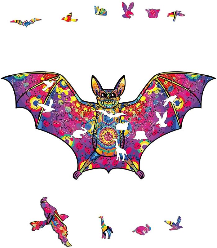 Photo 1 of 3 Colorful Wooden Puzzles by Olidik -1) Colorful Bat , 5.6"x11"  2)  7.1"x8"Unique Shaped Tree Monster   3) Colorful Witch on Broomstick--100 pcs each