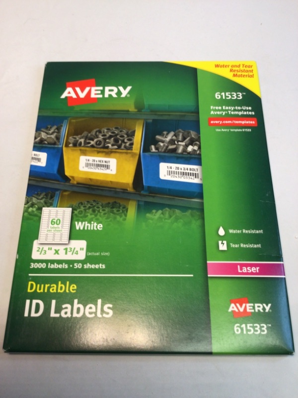 Photo 2 of Avery Durable White Cover Up ID Labels for Laser Printers, 0.67" x 1.75", Pack of 3000 (61533)