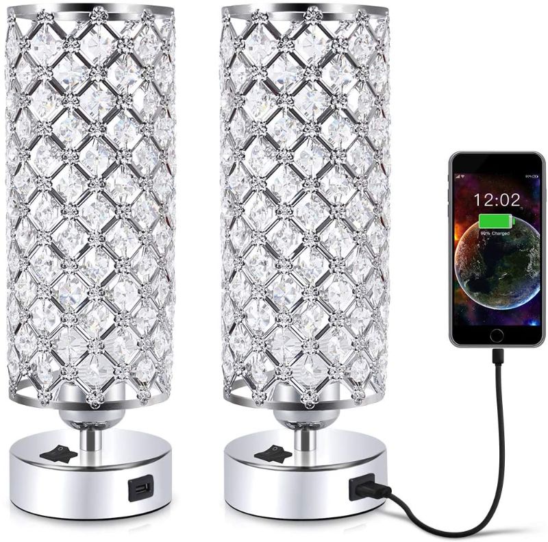 Photo 1 of Crystal Table Desk Lamp with USB Port, Acaxin Elegant Bedside Glam Lamps for Bedrooms, Home Decorative, Nightstand Lamp for Bedroom/Living Room/Dressing Room (Set of Two)