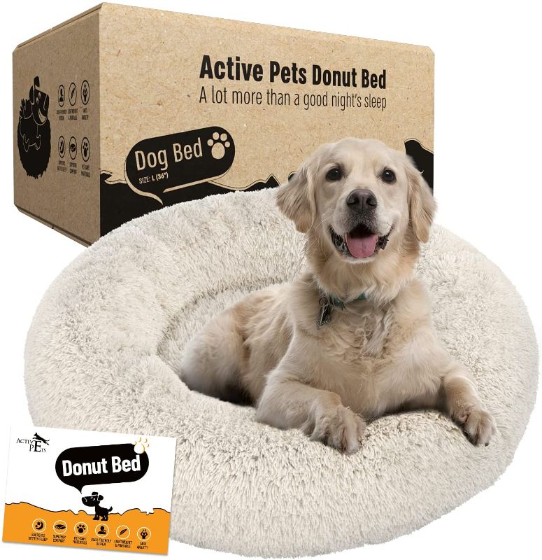 Photo 1 of Active Pets Plush Calming Dog Bed, Donut Dog Bed for Small Dogs, Medium & Large, Anti Anxiety Dog Bed, Soft Fuzzy Calming Bed for Dogs & Cats, Comfy Cat Bed, Marshmallow Cuddler Nest Calming Pet Bed
