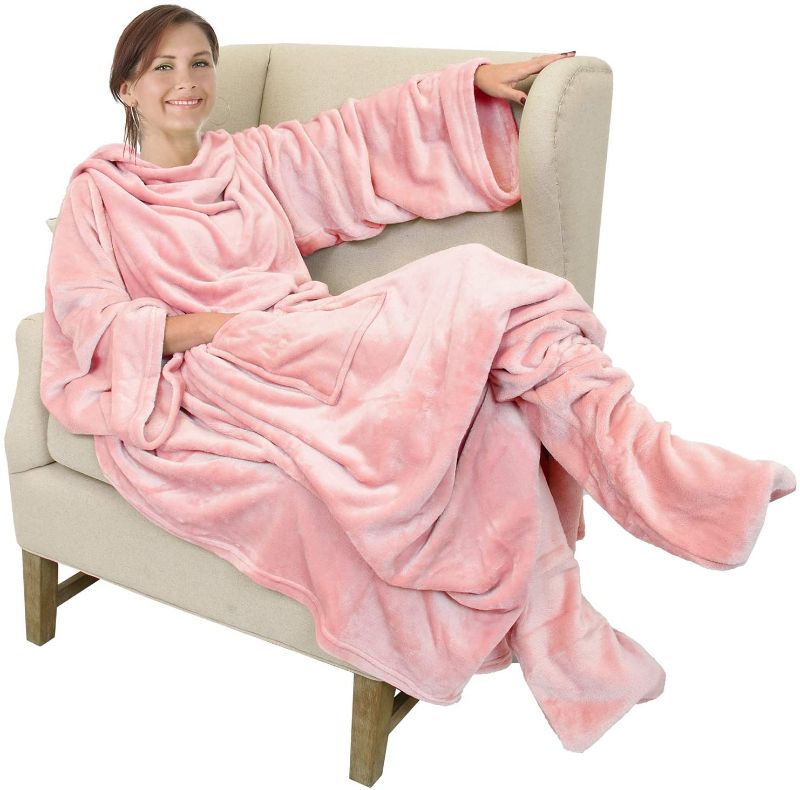 Photo 1 of Catalonia Wearable Fleece Blanket with Sleeves and Foot Pockets for Adult Women Men, Micro Plush Comfy Wrap Sleeved Throw Blanket Robe Large, Pink
