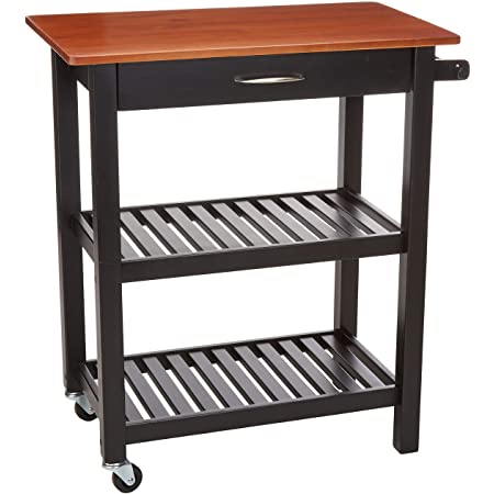 Photo 1 of Amazon Basics Kitchen Island Cart with Storage, Solid Wood Top and Wheels - Cherry / Black
