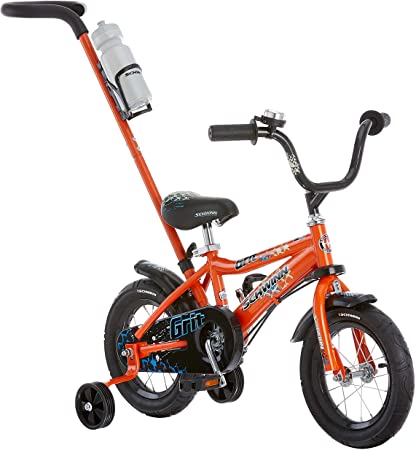 Photo 1 of Schwinn Grit Steerable Kids Bike, Boys Beginner Bicycle, 12-Inch Wheels, Training Wheels, Easily Removed Parent Push Handle with Water Bottle Holder, Orange/Black