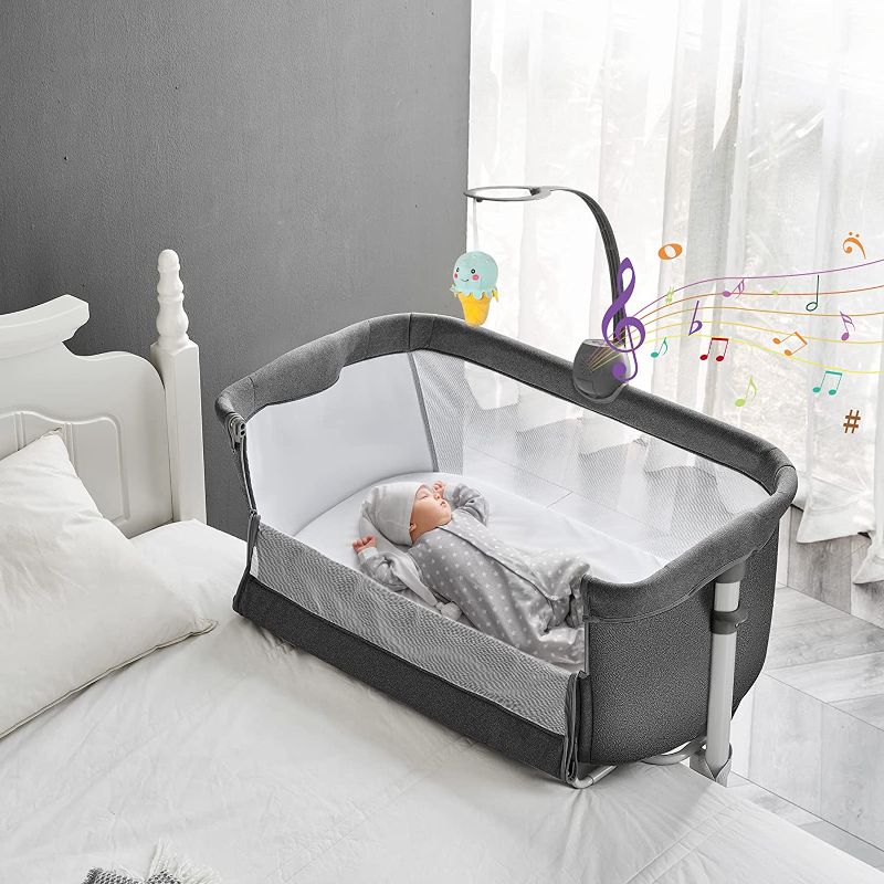 Photo 1 of Baby Bedside Sleeper Bassinet with Music Box Portable Bassinet Dark Gray