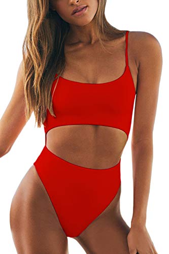 Photo 1 of LEISUP Womens Spaghetti Strap Lace Up Cutout High Waisted Thong One Piece Swimsuit red lg