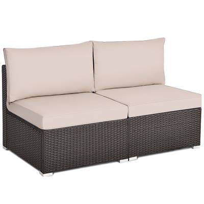 Photo 1 of 2 Pieces Patio Rattan Armless Sofa Set with 2 Cushions and 2 Pillows