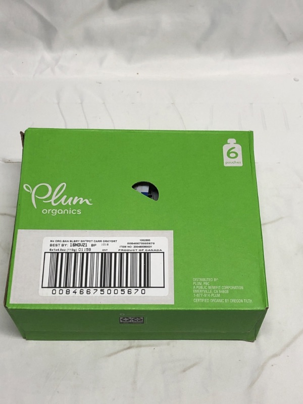 Photo 1 of 6 POUCHES PLUM ORGANIC BLUEBERRY AND CARROT 4 OZ POUCHES EXP NOV 2021
BOX UNOPENED