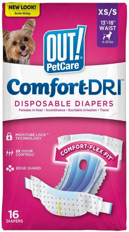 Photo 1 of OUT! Disposable Female Dog Diapers, Extra Small/Small: 13 to 18-in waist, 16 count