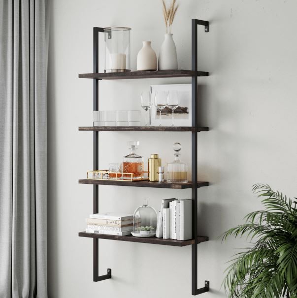 Photo 1 of Theo 4-Shelf Bookcase Floating Wall Mount Natural Wood Industrial Pipe Metal Frame, Nutmeg/Black