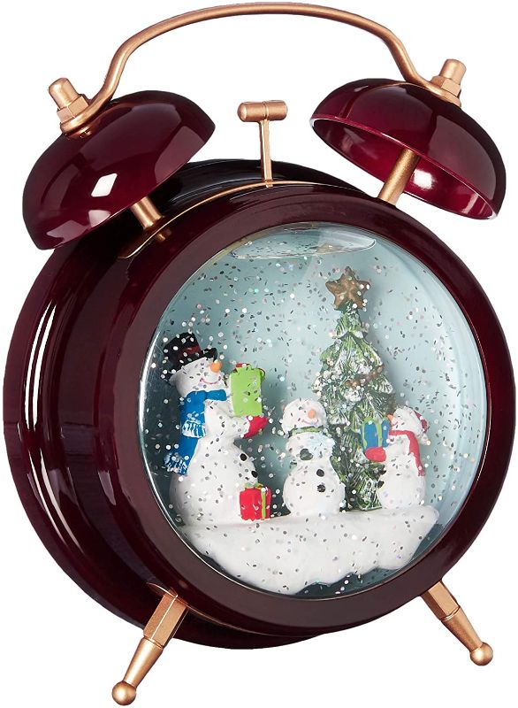 Photo 1 of Christmas Alarm Clock Style Glitter Snow Globe Snowman and Snowkids with Gifts and Christmas Tree Happy Holidays
