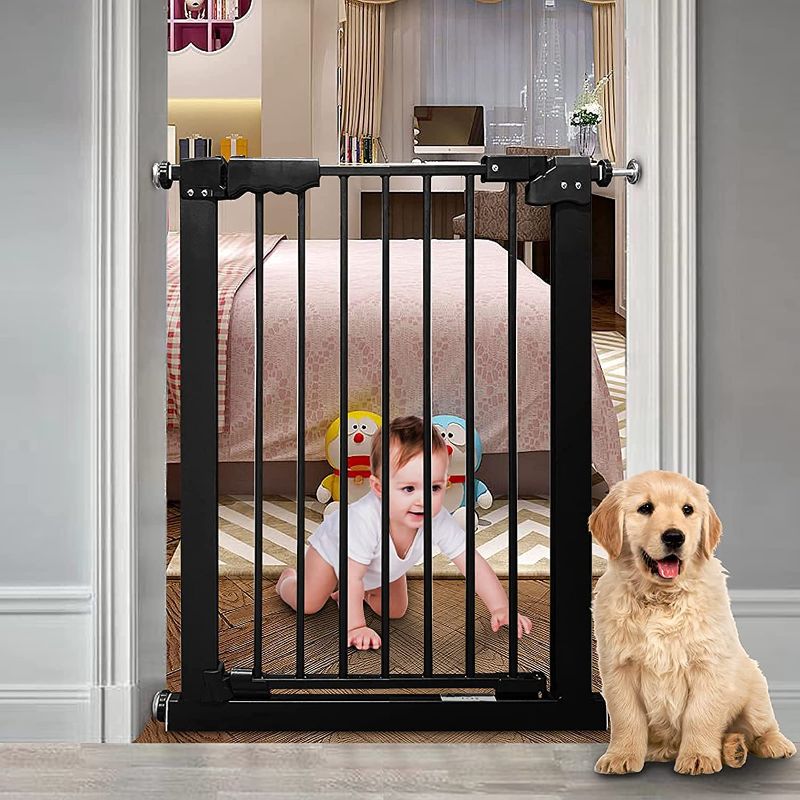 Photo 1 of COSEND Narrow Baby Gate 24 Inch Small Black Tension Indoor Safety Gates Auto Close Walk Through Metal Narrow Dog Gate for The House Doorways Stairs (24.02"-27.56"/61-70CM, Black)
