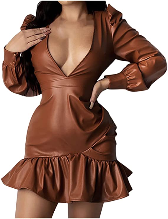 Photo 1 of GN109 Womens Fashion V Neck Imitation Leather Long Sleeve Ruffle Mini Dress for Women WITH BUTTON ON SLEEVES  #G8------SIZE S
 