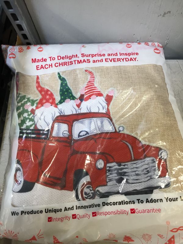 Photo 2 of /SDKBVOC Christmas Tree Skirt, Burlap with Buffalo Check, Rustic Country Red Truck and Gnomes, Xmas Holiday Home Decoration (48 inches)
