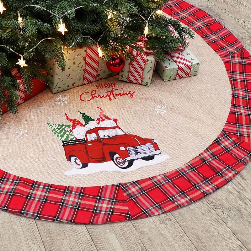 Photo 1 of /SDKBVOC Christmas Tree Skirt, Burlap with Buffalo Check, Rustic Country Red Truck and Gnomes, Xmas Holiday Home Decoration (48 inches)
