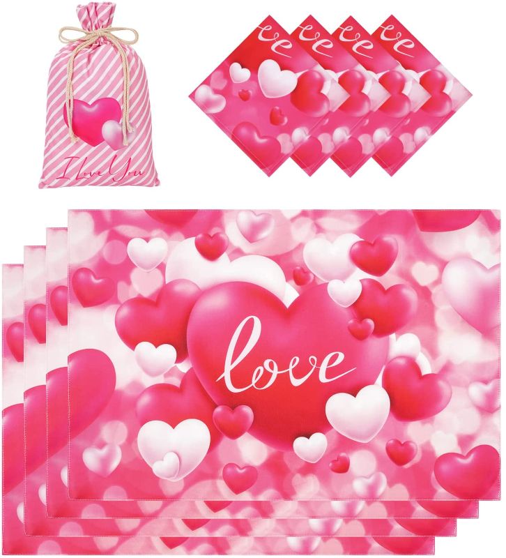 Photo 1 of  4 Pcs Valentine's Day Placemats with 4 Napkins, Heat-Resistant Love Heart Dining Mats with Heart Stripe Gift Bag, Non-Slip Waterproof Pink Table Mats for Home Wedding Party, Valentine Table Decor Gift
