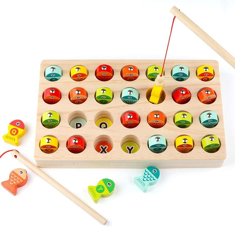 Photo 1 of Haktoys Wooden Magnetic Fishing Game Toy Set, Premium Alphabet Sorting Color Puzzle Montessori Letters Fishing Playset, for Toddlers and Kids
