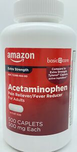 Photo 1 of Amazon Basic Care Acetaminophen Pain Reliever 500mg - 500 Caplets 2 PACK EXP NOV 2022
