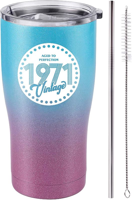 Photo 1 of 2 PACK - Vintage 1971 50th Birthday Gifts for Women Men Insulated Stainless Steel Tumbler - 50 Year Old Presents 20 oz Best Gift for Mom Dad Wife Husband Aunt Grandma 50th Party (Purple Teal Glitter, 20 Oz) STOCK PHOTO MAY VARY