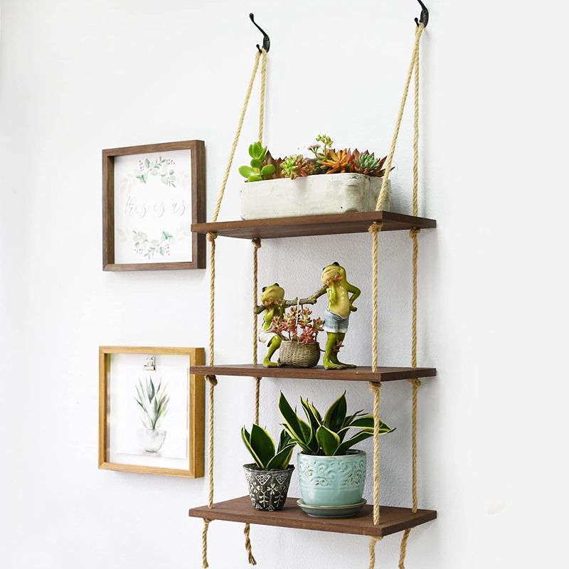 Photo 1 of 3-Tier Jute Rope Hanging Shelf, Rustic Wood Floating Shelves Swing Storage Shelves, Home Wall Decor