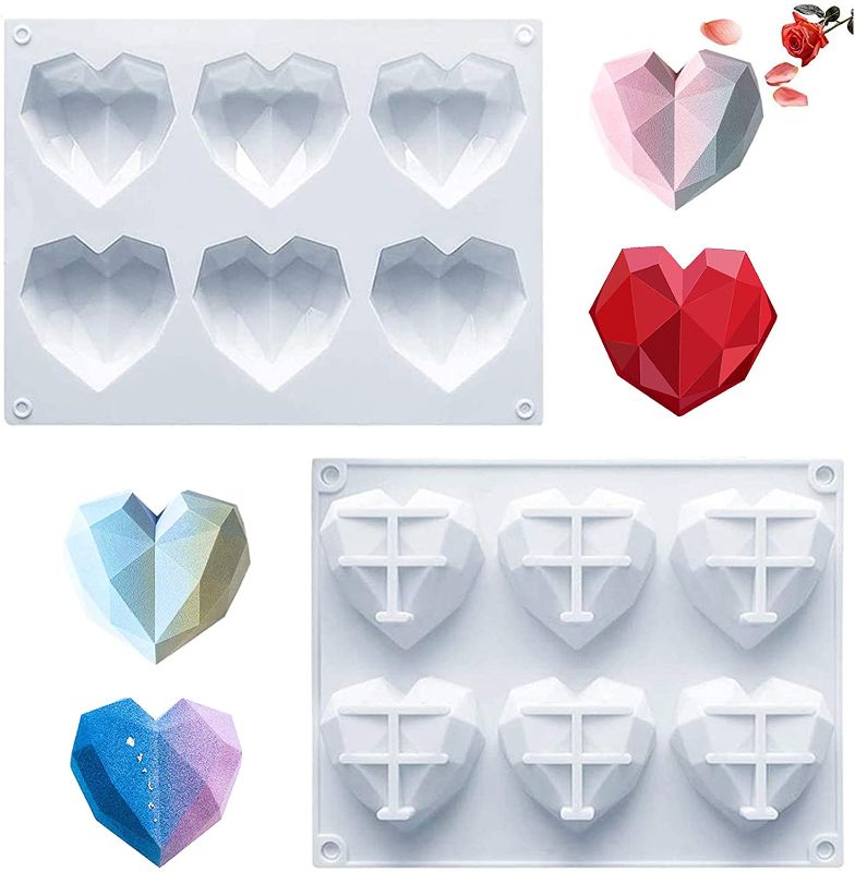 Photo 1 of 3 packs of Silicone Heart Molds for Chocolate Geometric Heart Mold 6 Cavity Diamond Heart Shaped Silicone Mold Non-stick Easy Release Geometric Chocolate Mould for Valentine Mousse Chocolate Making 2Pcs
