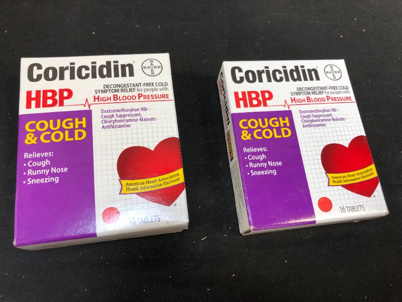 Photo 2 of 2 PACKS OF Coricidin HBP Decongestant-Free Cough and Cold Medicine for Hypertensives, Cold Symptom Relief for People with High Blood Pressure, 325 mg Acetaminophen Tablets (16 Count)
BEST BY 04/2022