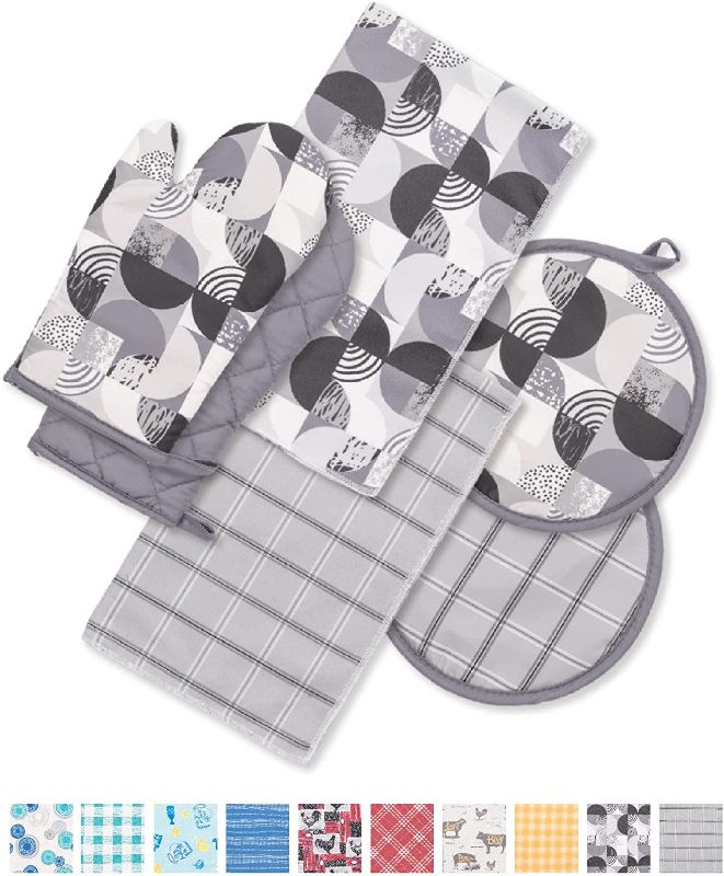 Photo 1 of YiHomer 6 Pack Kitchen Set | 2 Oven Mitts and 2 Round Pot Holders of Quilted Lining with Cotton Wadding - 2 Dish Towels for Drying Dishes | Perfect for Gifting, Baking and Everyday Cooking (BA & GC)

