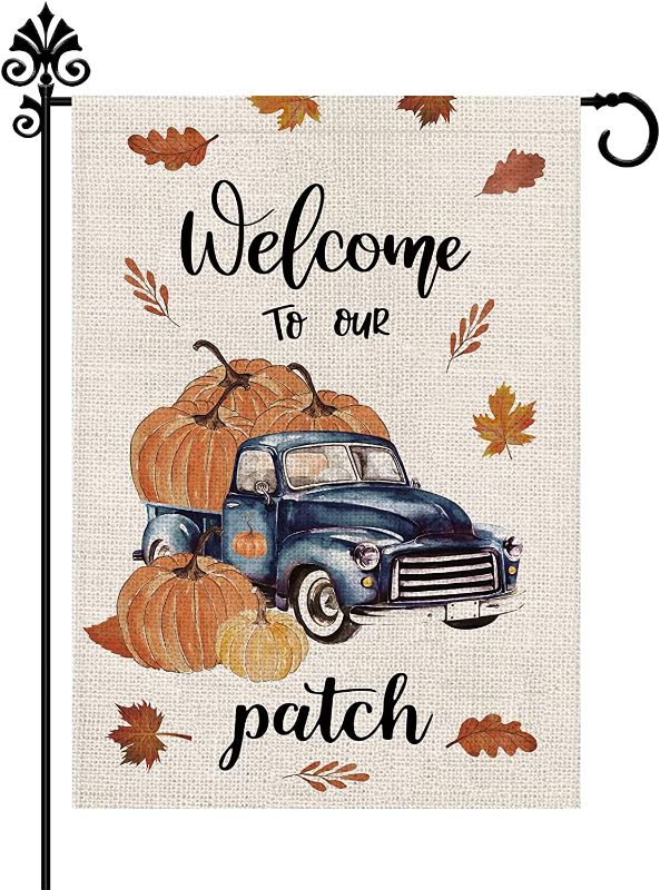 Photo 1 of Fall Garden Flag Pumpkin Leaves Car Garden Flag Welcome Patch Flags Burlap Vertical Double Sided Outdoor Decorations Rustic Yard 12.5 x 18 Inch