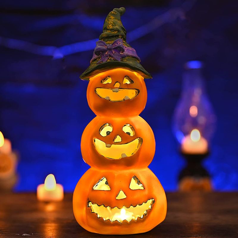 Photo 1 of 12 Inch Tall Resin Pumpkins with Witch Hat Halloween Decorations Indoor Light with Battery or USB Powered, Halloween Decor Jack O Lanterns, Night Table Light Lamp for Kids Room, Bedroom, Party Decor