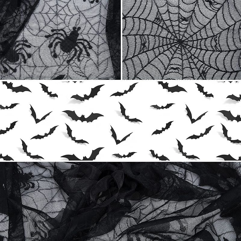 Photo 1 of 66 Pack Halloween Decorations Indoor - Fireplace Mantel Decor Scarf & Black Lace Round Spiderweb Lamp Shades & 64 Pcs Scary Bat Wall Decor for Home Halloween Party Decorations Supplies