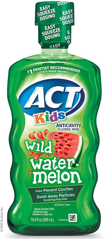 Photo 1 of ACT Kids Anticavity Fluoride Rinse Wild Watermelon, Accurate Dosing Cup, Alcohol Free, Original Version, 16.9 Fl Oz