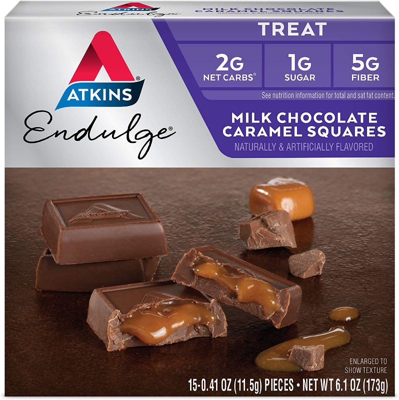 Photo 1 of Atkins Milk Choco Caramel Squares. Delicious Low-Sugar Treats with Choco and Caramel. (15 Pieces)