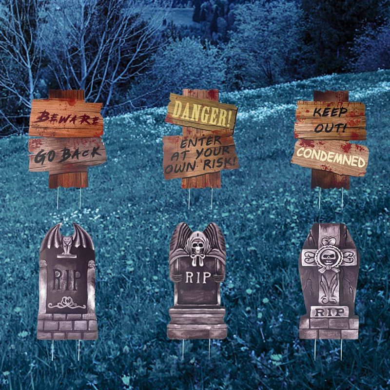 Photo 1 of Anditoy 6 Pack Halloween Decorations 3 Beware & 3 Tombstone Yard Signs with 12 Stakes Headstone Decorations for Outdoor Yard Lawn Garden Halloween Decor