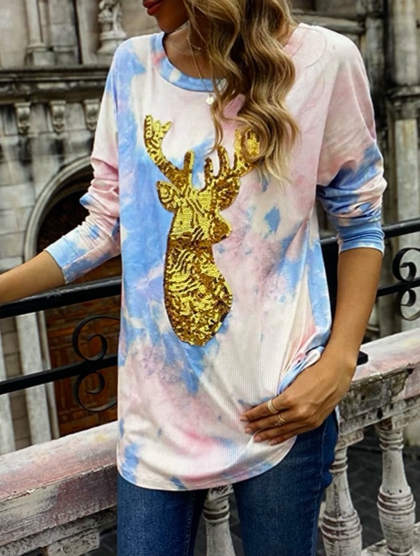 Photo 1 of Qearal Women's Casual Long Sleeve Christmas Reindeer Sequin T Shirt Blouse Tops (Large)