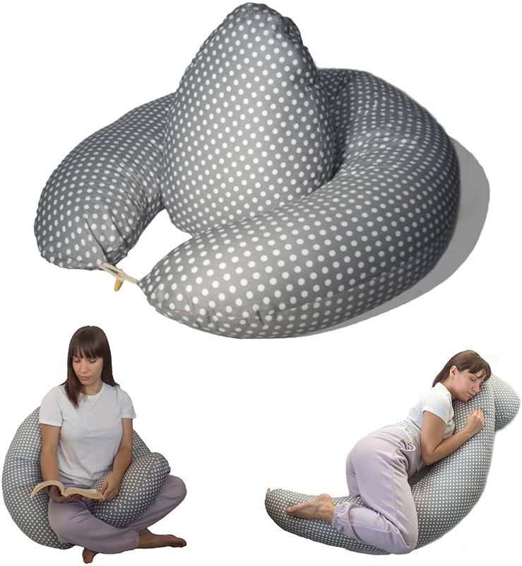 Photo 1 of Cute & Comfy Pregnancy Pillow for Sleeping, Nursing Pillow for Breastfeeding with Removable 100% Organic Cotton Cover, Baby Cushion for Baby Nest, Multifunctional - Grey Colour with White dots