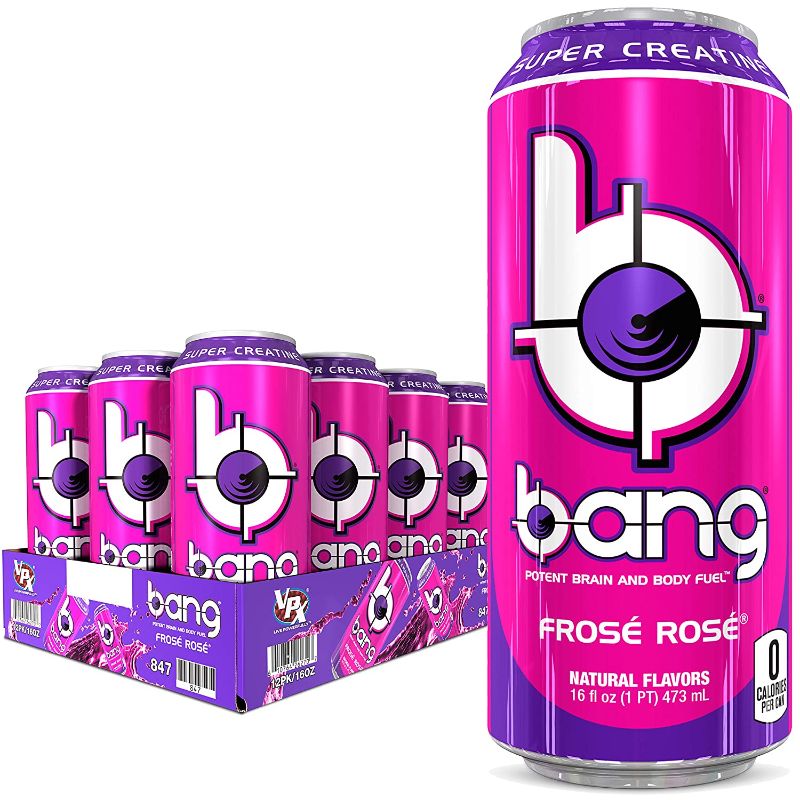 Photo 1 of Bang Frose Rose Energy Drink, 0 Calories, Sugar Free with Super Creatine, 16 Fl Oz (Pack of 12)