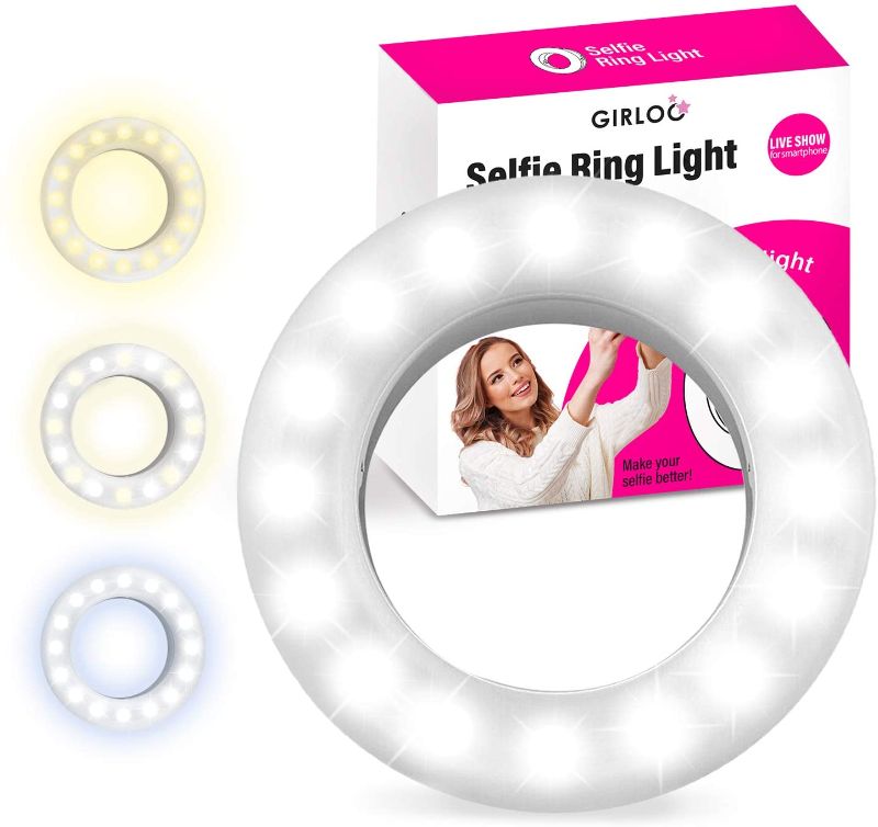 Photo 1 of Selfie Ring Light Portable Clip On Led Adjustable Brightness Circle Light Compatible with iPhone Android Cell Phone Laptop Camera Video Photo Make up for Night Time (White)