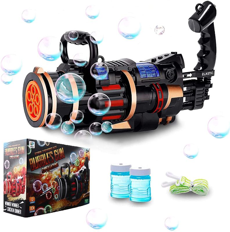 Photo 1 of Gatling Bubble Machine 2021 Cool Electric Bubble Gun Large Amount Automatic Bubble Guns with Light and Music Porous Bubble Gun Blower Huge Bubble Machine for Kids for Weeding, Parties