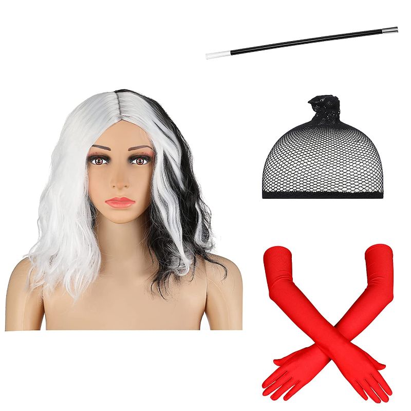 Photo 1 of Black and White Wig Cosplay Set for Women Short Bob Wavy Wig Costume Halloween Lady Synthetic Curly Wig 1920s Cosplay Wig Set with Red Long Gloves Wig Cap Long Holder for Girls Party