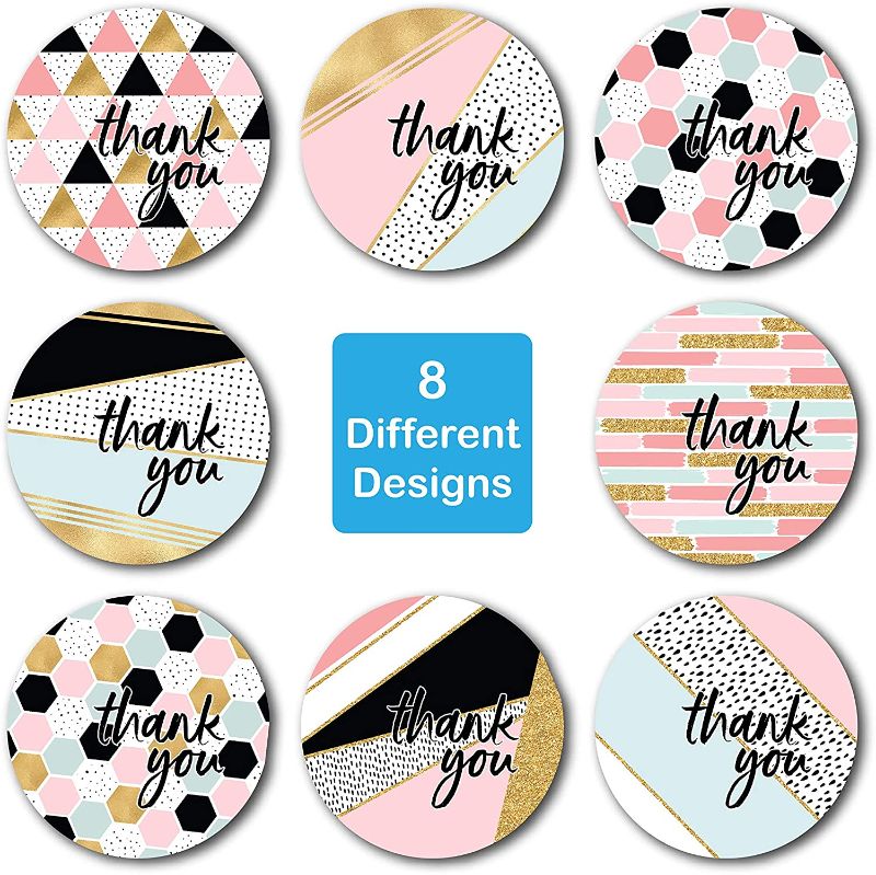 Photo 1 of 1.5" Geometric Modern Thank You Stickers / 8 Different Thank You Designs with Faux Glitter / 500 Thank You Stickers Per Roll