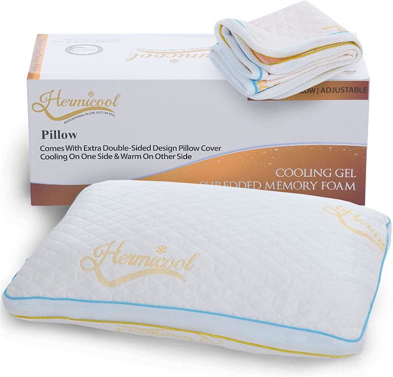 Photo 1 of Hermicool Cooling Pillow Extra Two Sided Cooling Cover Hypoallergenic Sleeping Pillows, Adjustable Pillow Front, Back & Side Sleeping Pillow Gel Infused Shredded Memory Foam Pillow for Sleeping-Queen