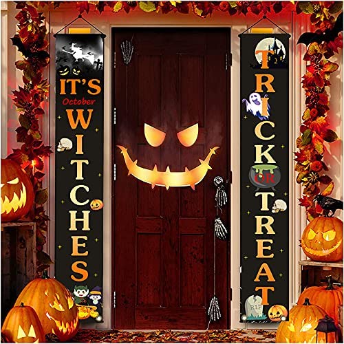 Photo 1 of Halloween Front Porch Banner, Halloween Door Banner Decorations Halloween Banner for Front Porch, Outdoor, Home Decor, Party Supplies - It's October Witches & Trick Or Treat Halloween Hanging Banner