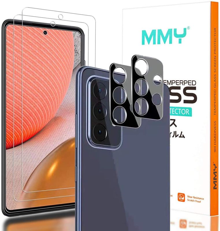 Photo 1 of [2+2 Pack] MMY Compatible with Galaxy A72 Screen Protector + Galaxy A72 Camera Lens Protector for Samsung Galaxy A72 5G/4G Tempered Glass 9H Hardness HD Bubble Free -Scratch Resistant