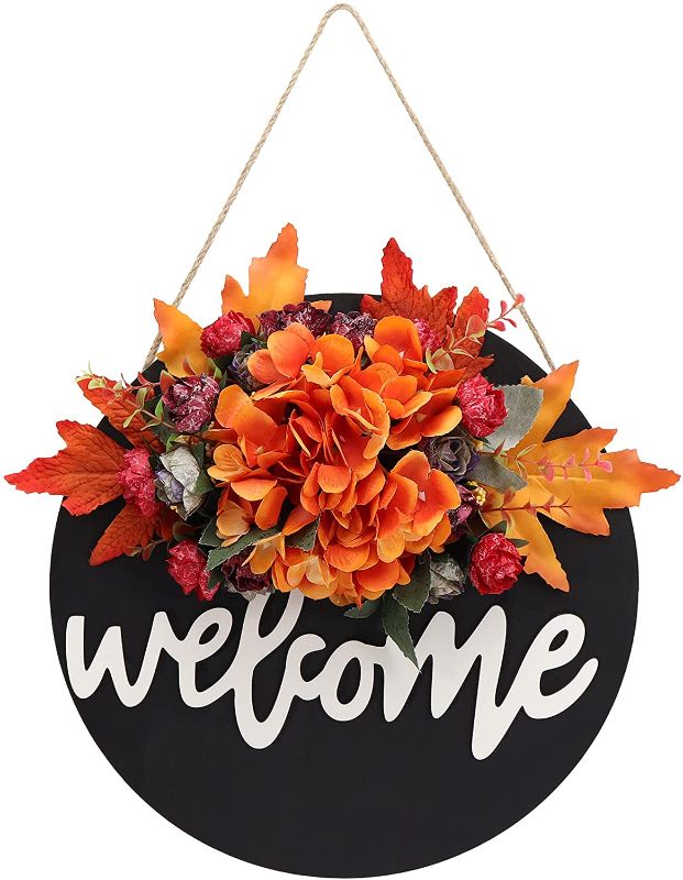 Photo 1 of Fall Wreaths Hanging Sign Decor for Front Door, Round Wood Welcome Signs for Front Porch, Farmhouse Rustic Hydrangea Wreath Home Wall Decor