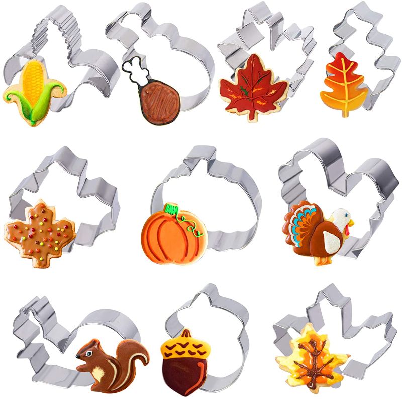 Photo 1 of Fall Thanksgiving Cookie Molds Cutters Set - 10 PCS Autumn Season Cookie Molds Stainless Steel - Pumpkin, Turkey, Maple Leaf, Oak Leaf, Turkey Leg, Squirrel and Acorn Cutters