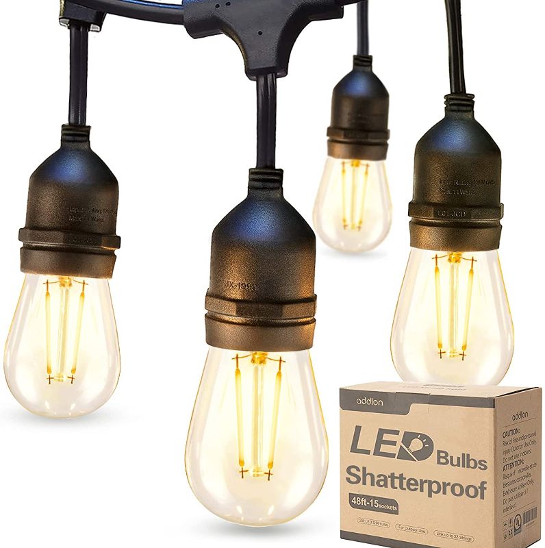 Photo 1 of addlon LED Outdoor String Lights 48FT with 2W Dimmable Edison Vintage Shatterproof Bulbs and Commercial Grade Weatherproof Strand - UL Listed Heavy-Duty Decorative Cafe, Patio, Market Light