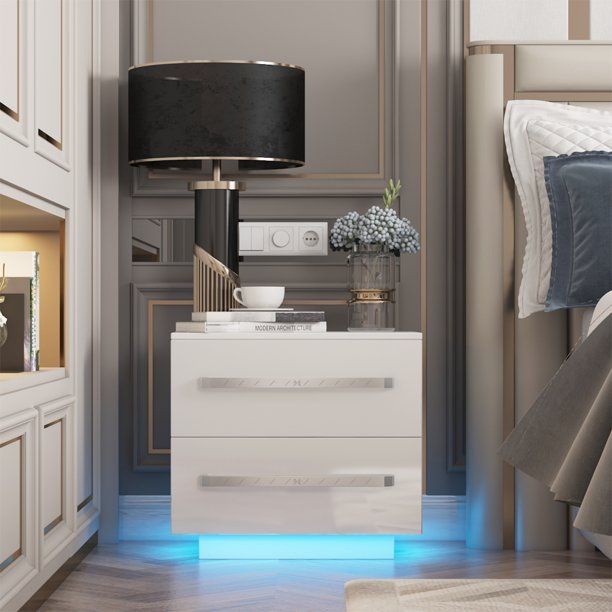 Photo 1 of WOODYHOME High Gloss Nightstand WIthin LED Lights, 2-Drawer Bedside Table Home Furniture -  White Finish
