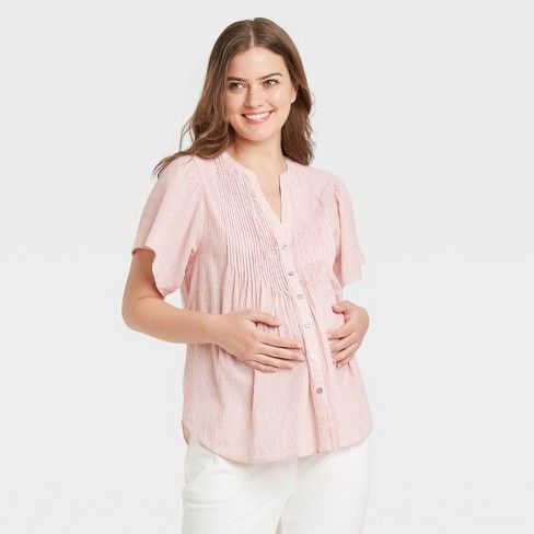 Photo 1 of The Nines by HATCH Flutter Short Sleeve V-Neck Button-Down Maternity Shirt Pink XS
