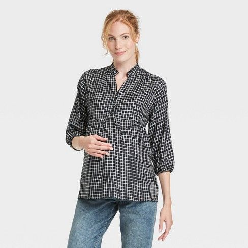 Photo 1 of 3/4 Sleeve Button-Front Ruffle Detail Woven Maternity Blouse - Isabel Maternity by Ingrid & Isabel™ Plaid M
