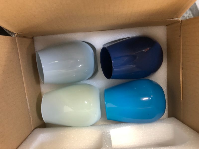 Photo 2 of Colored Stemless Wine Glasses Set of 4 , Multicolored Wine Glasses 15Oz for Men Women Friends Families Coworkers - Ideal for Birthday Wedding Housewarming Christmas (Light Blue, Blue, Gray, Navy Blue)
